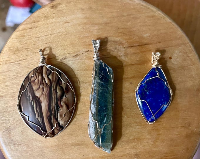 3 Gold Filled Wire Wrapped Pendants Biggs Jasper Kyanite Lapis Lazuli