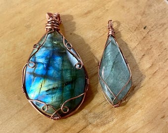 2 Labradorite copper wire wrapped pendants