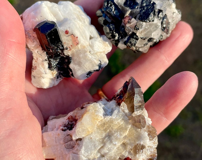 Red Zircon with Tourmaline and Quartz Clusters Set of 3