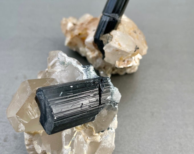 Black Tourmaline and Quartz Crystal Clusters Set of 2