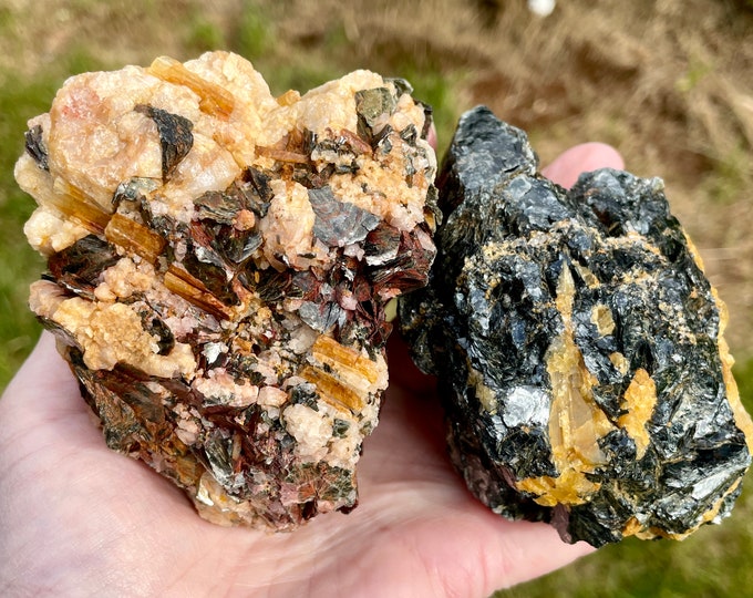 Yellow Tourmaline and Biotite Clusters Set of 2