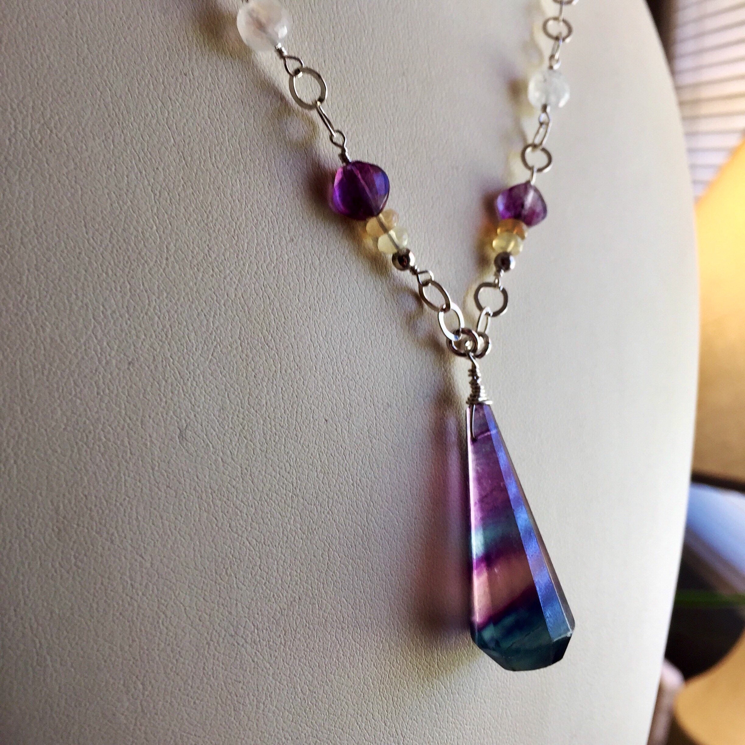 Fluorite, Moonstone and Opal crystal necklace with Sterling Silver