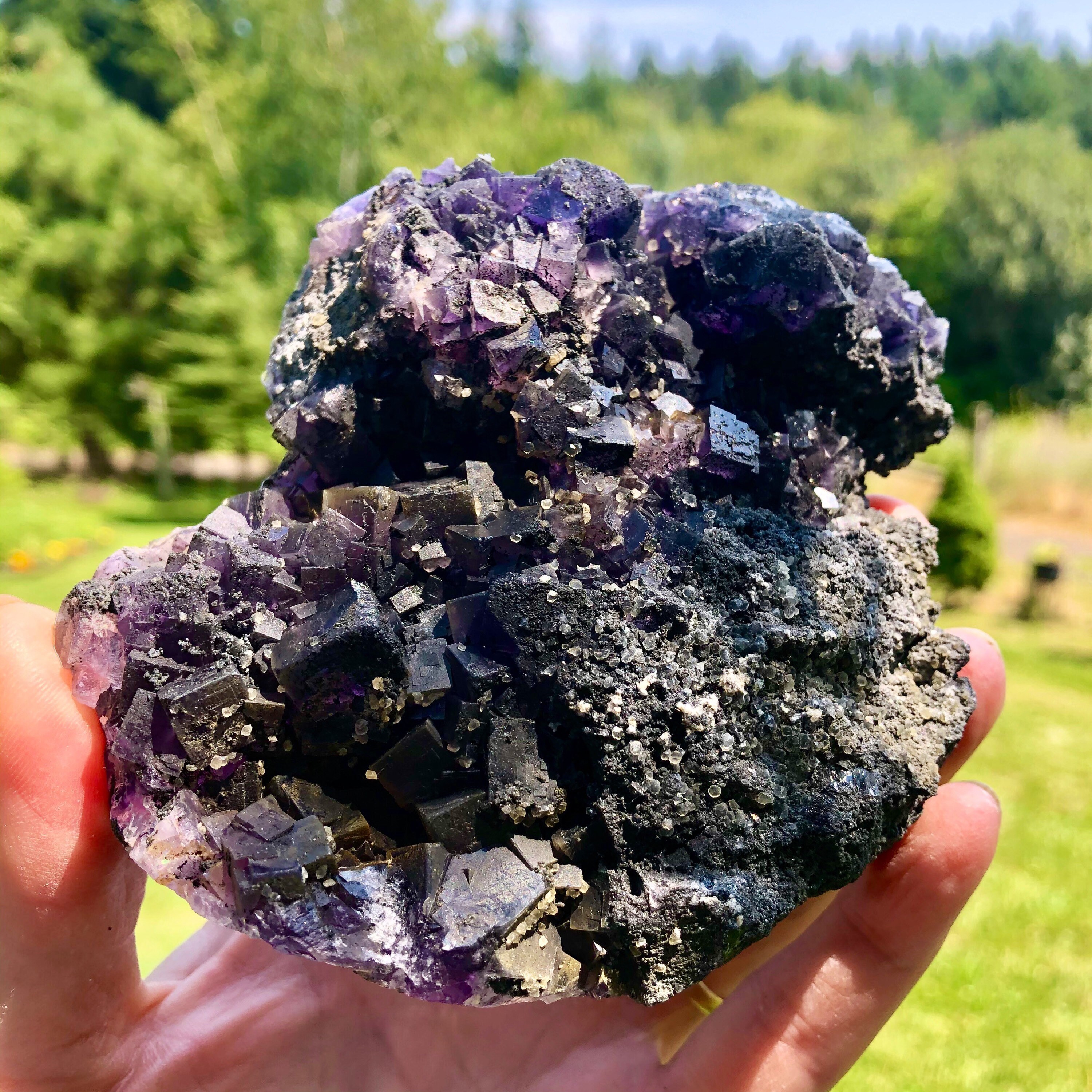 502g DARK Purple Cubic Calcite With Tiny Yellow Calcite Crystal Cluster