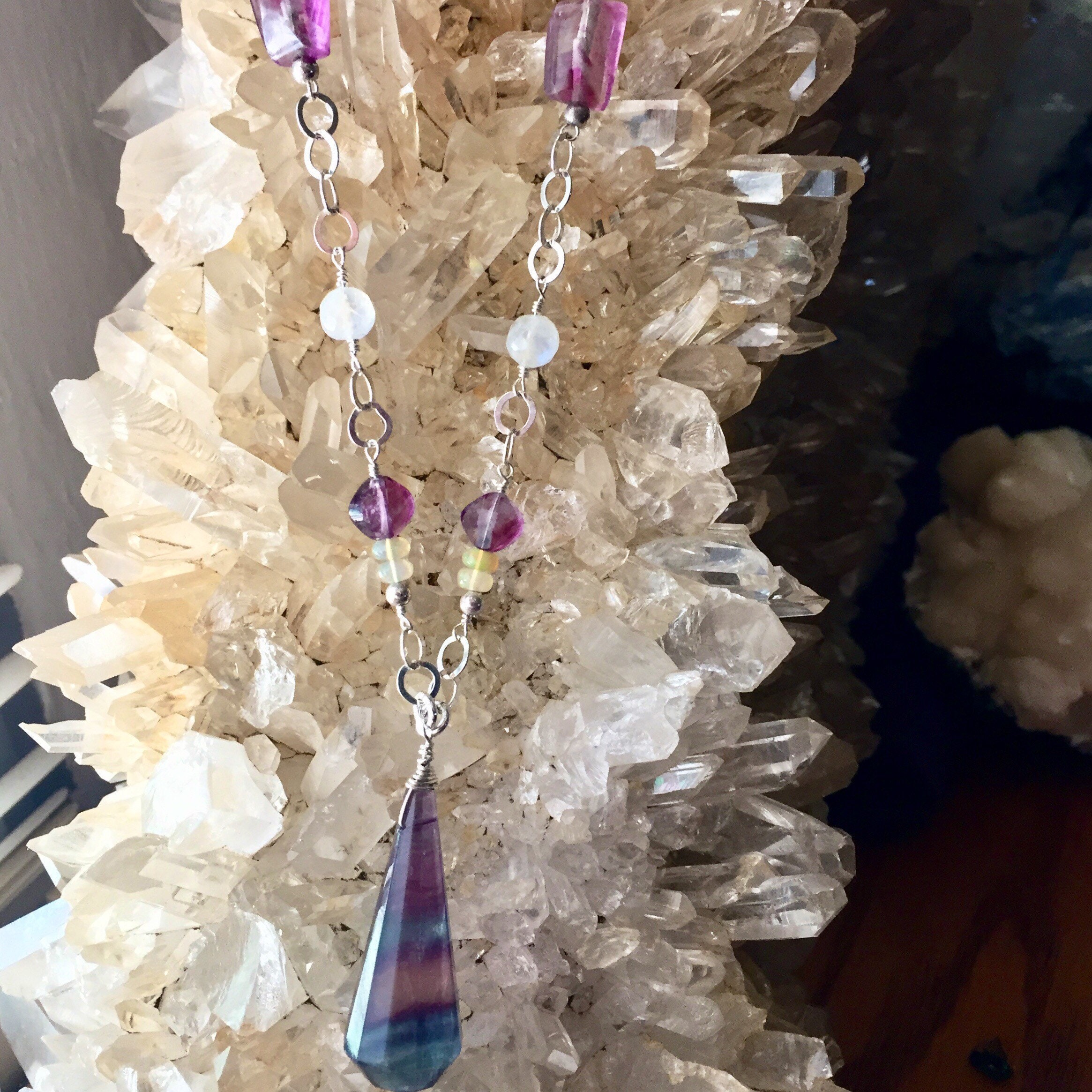 Fluorite, Moonstone and Opal crystal necklace with Sterling Silver