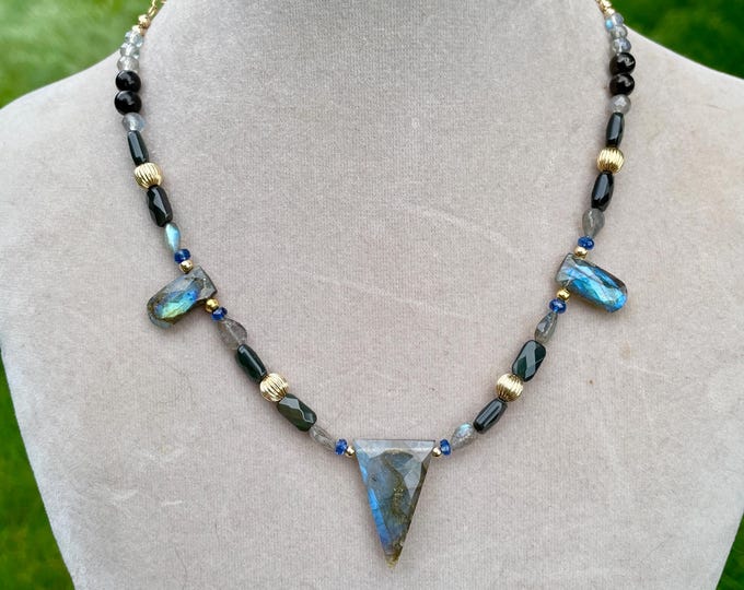 24K Gold Filled Necklace of Labradorite Rainbow Obsidian Shungite Blue Kyanite 17”