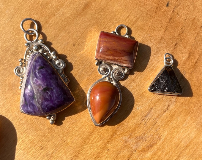 3 Sterling Silver Pendants Charoite Mookaite Hypersthene
