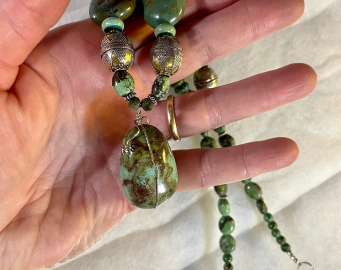 20 inch Turquoise and Sterling Silver hand beaded necklace