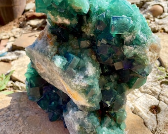 19.3 lb Green Fluorite On White Quartz Crystal Cluster