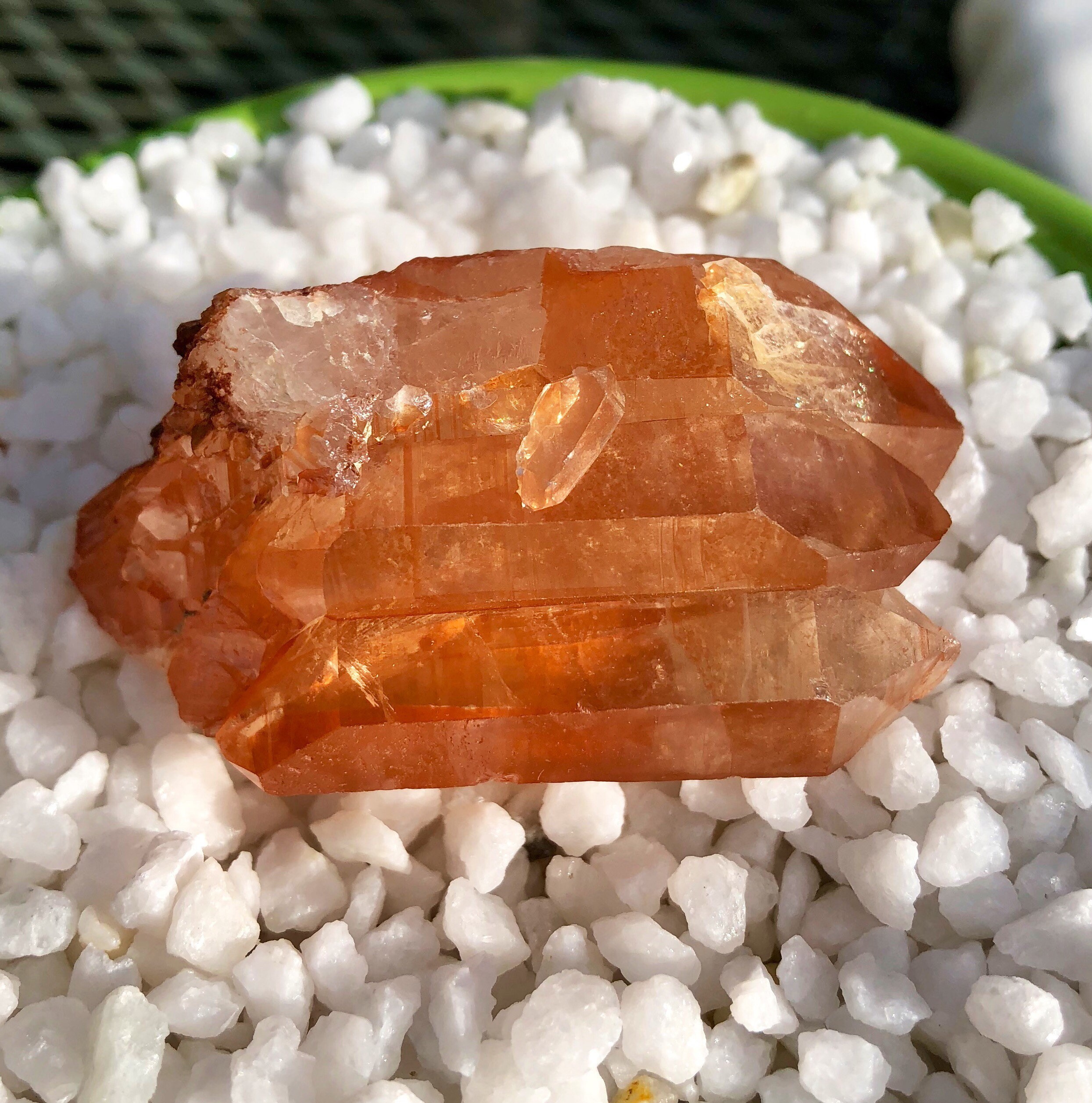 Triple Tangerine or Tangerose Quartz Crystal Cluster with double terminations, tiny bridge