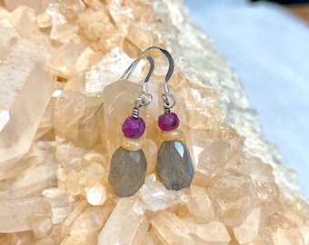 Australian Opal Labradorite Ruby and Sterling Silver Earrings