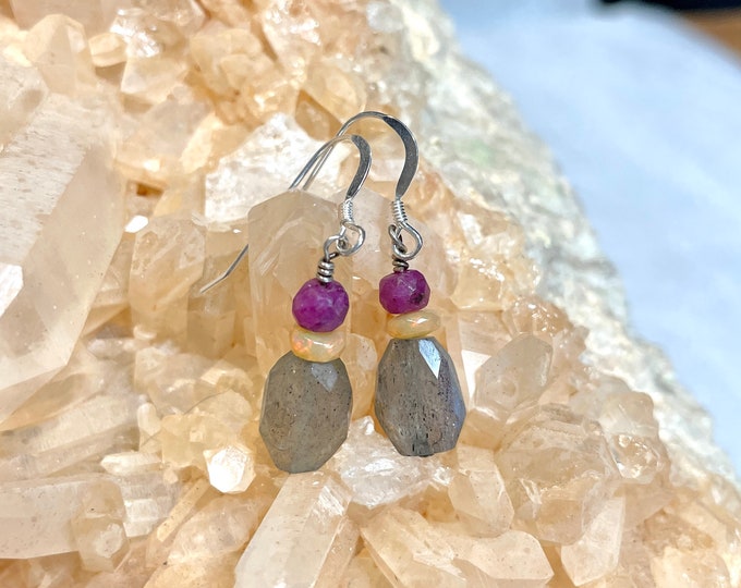 Australian Opal Labradorite Ruby and Sterling Silver Earrings