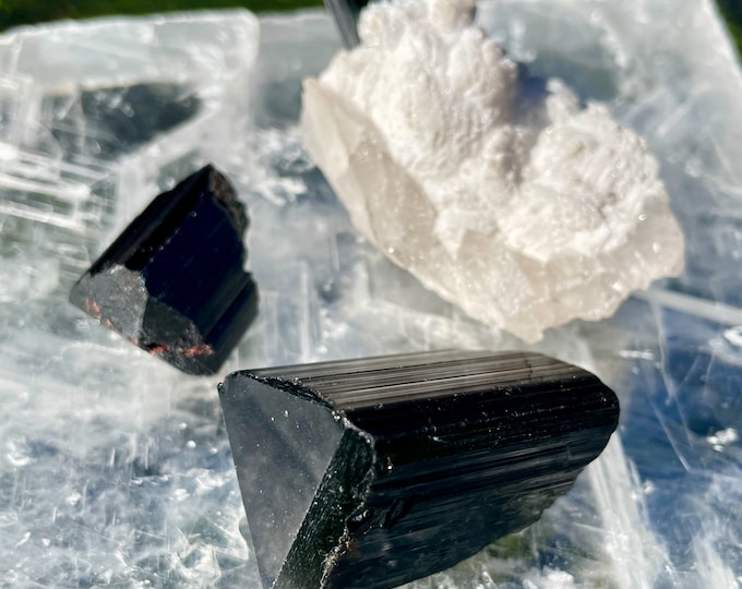 Terminated Black Tourmaline Crystal Mineral Display Specimens Set of 3