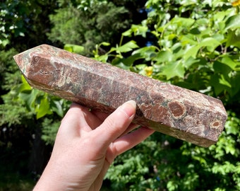 2.36 lbs Brown and Green Flower Agate Obelisk Pillar Tower Point Wand Column Generator