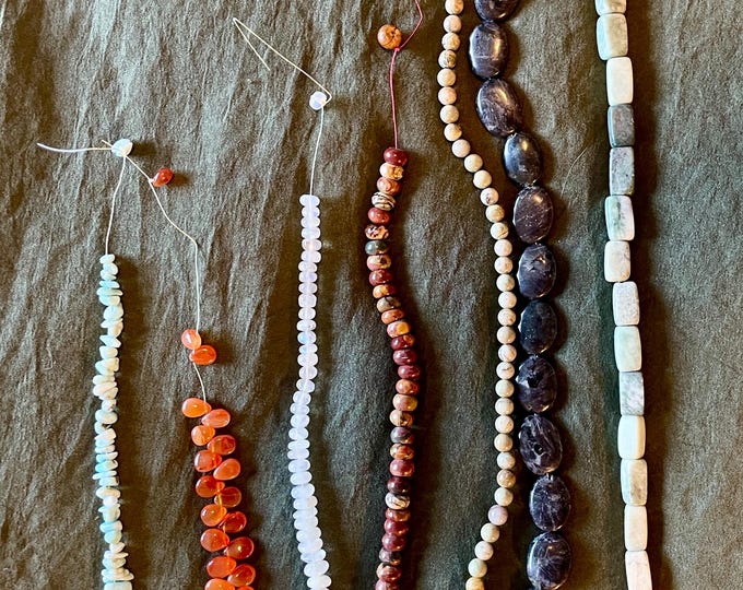 7 strands of gemstone beads Larimar Carnelian Moonstone Jaspers Larvakite Serpentine