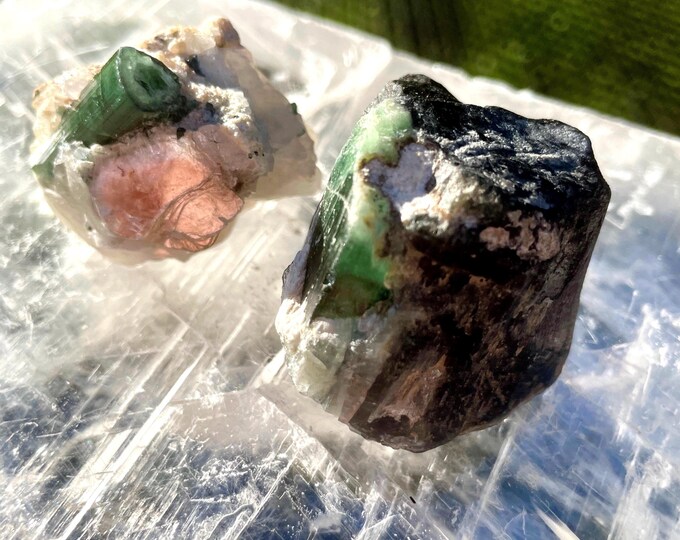 2 Blue Green Tourmaline Crystal Mineral Display Specimens