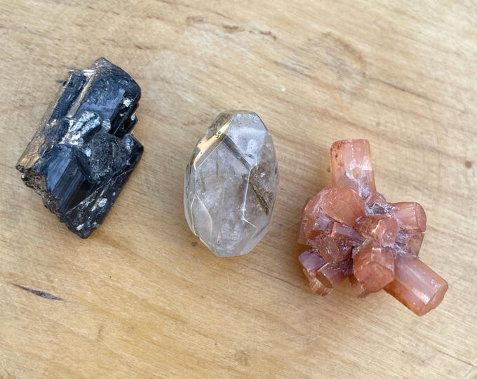 3 drilled gemstone pendants Black Tourmaline Rutilated Quartz and Aragonite