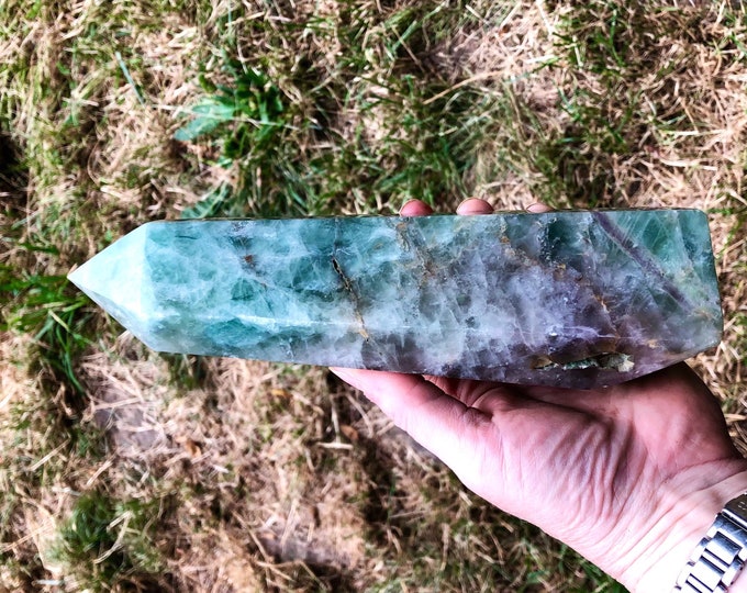 2.83 lbs Green And Purple Gray Fluorite Obelisk Pillar Tower Point Wand Column Generator