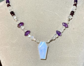 18 inch Rainbow Moonstone Necklace with Amethyst & Garnet