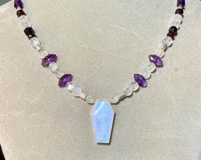 18 inch Rainbow Moonstone Necklace with Amethyst & Garnet