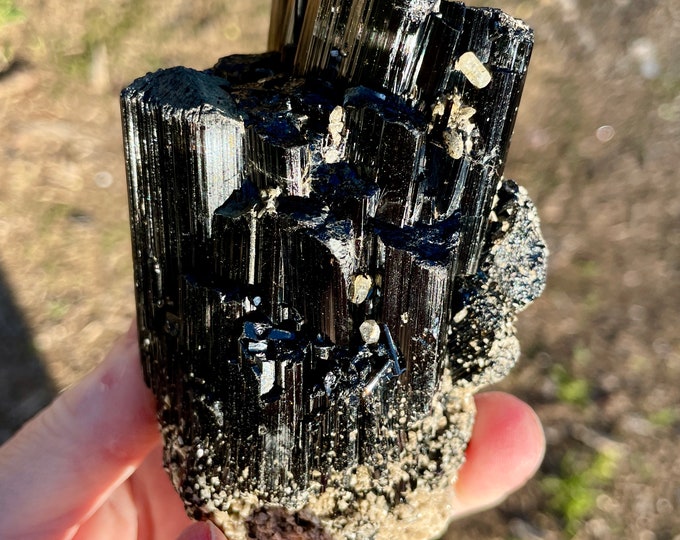488g Black Tourmaline and Topaz Crystal Cluster Specimen