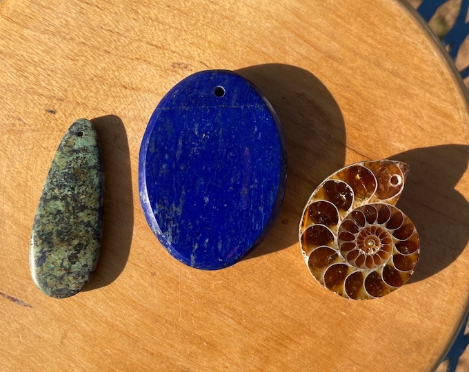 3 gemstone pendants Turquoise Lapis Lazuli and Ammonite