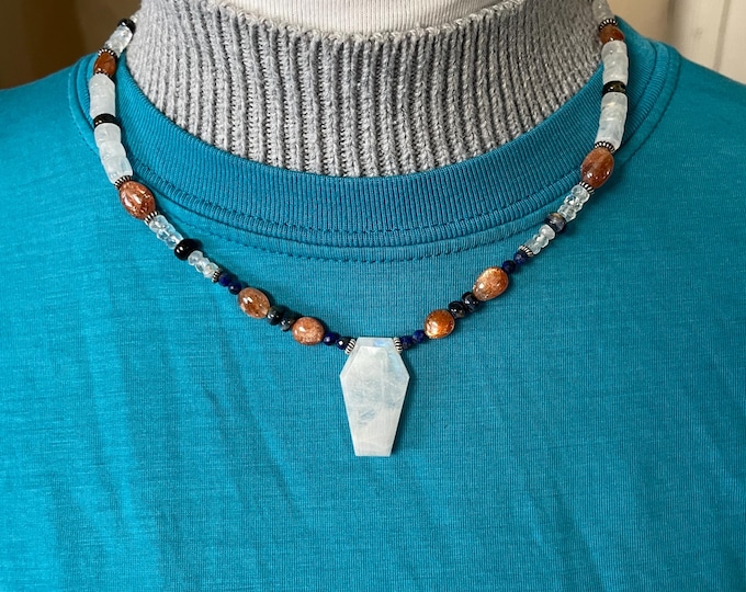 18 inch Rainbow Moonstone Necklace with Sunstone Lapis Pietersite