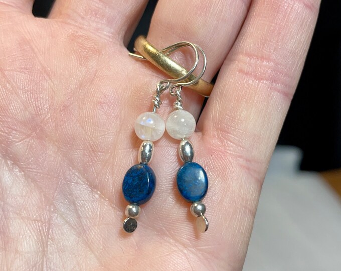Rainbow Moonstone Chrysocolla and Sterling Silver Earrings