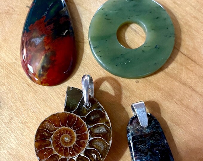 4 Pendants Jasper Jade Ammonite Pietersite