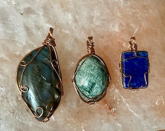 3 Copper wrapped pendants Labradorite Seraphinite Lapis Lazuli