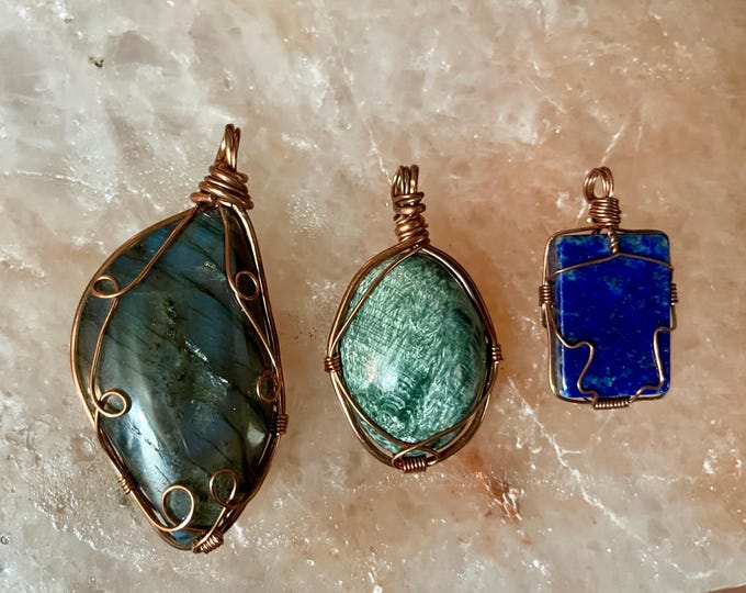 3 Copper wrapped pendants Labradorite Seraphinite Lapis Lazuli