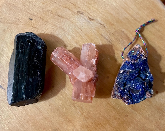 3 Raw Crystal Pendants Tourmaline Aragonite Azurite