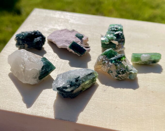 Elbaite Tourmaline Crystal Cluster Mineral Display Specimens Set of 7