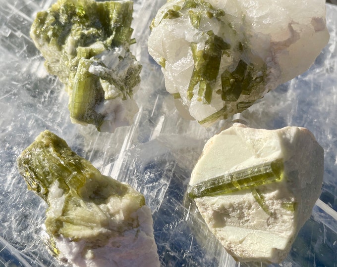 Green Tourmaline in Quartz and Feldspar Specimens Set of 4
