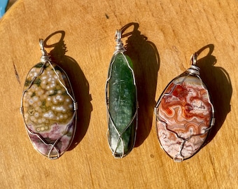 3 wirewrapped gemstone pendants Ocean Jasper Kyanite and Crazy Lace Agate