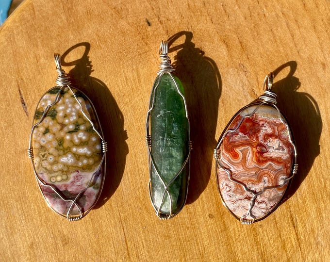 3 wirewrapped gemstone pendants Ocean Jasper Kyanite and Crazy Lace Agate