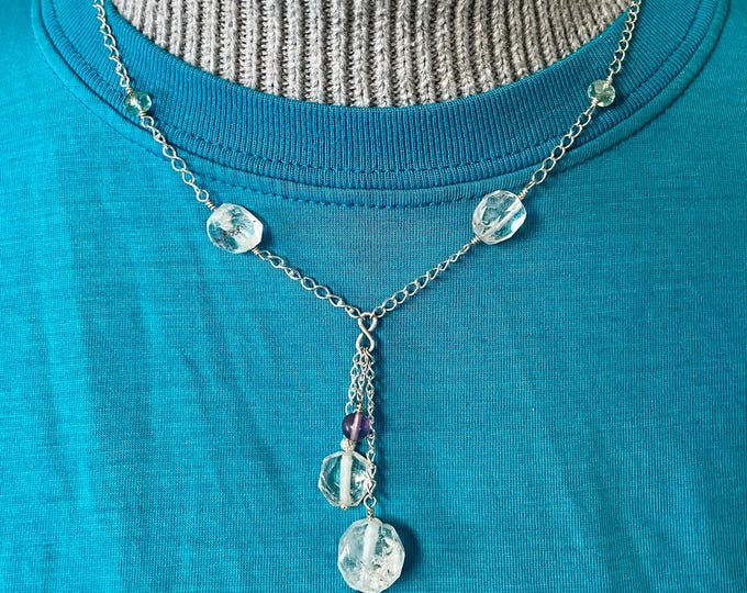 White Topaz Purple And Blue Fluorite Necklace With Sterling Silver Chain