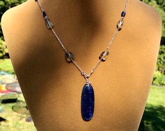 Blue Kyanite Smoky Citrine Chromium Diopside And Sterling Silver Chain Necklace