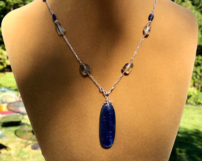 Blue Kyanite Smoky Citrine Chromium Diopside And Sterling Silver Chain Necklace
