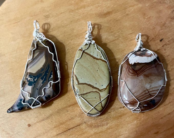 3 Sterling Silver Wire Wrapped Pendants Biggs Jasper & Wildhorse Canyon Jasper