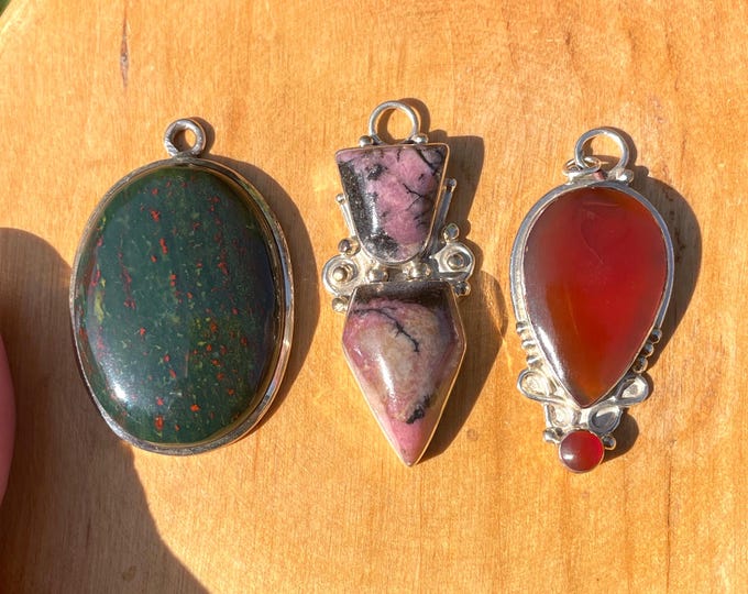 3 Sterling Silver gemstone pendants Bloodstone Rhodonite Carnelian