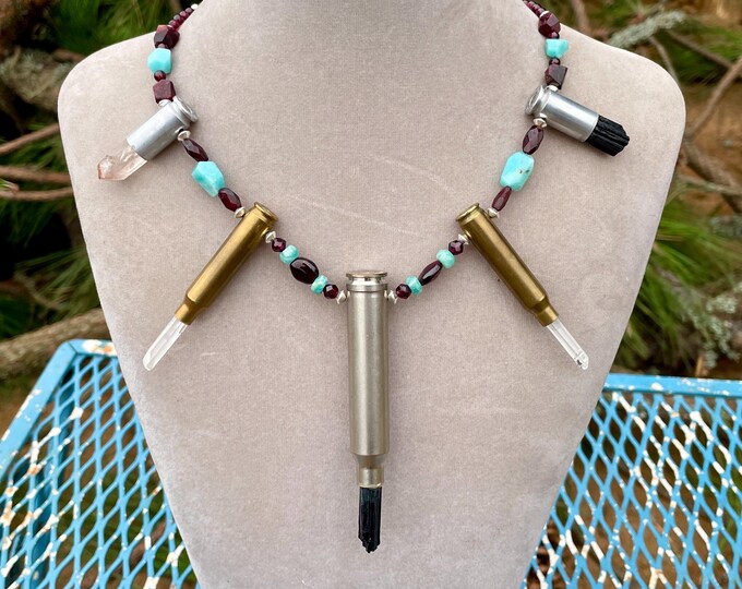 Crystal Bullet Necklace with Amazonite Garnet Tourmaline Quartz Sterling Silver