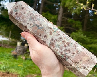 2.46 lbs Green Flower Agate Obelisk Pillar Tower Point Wand Column Generator