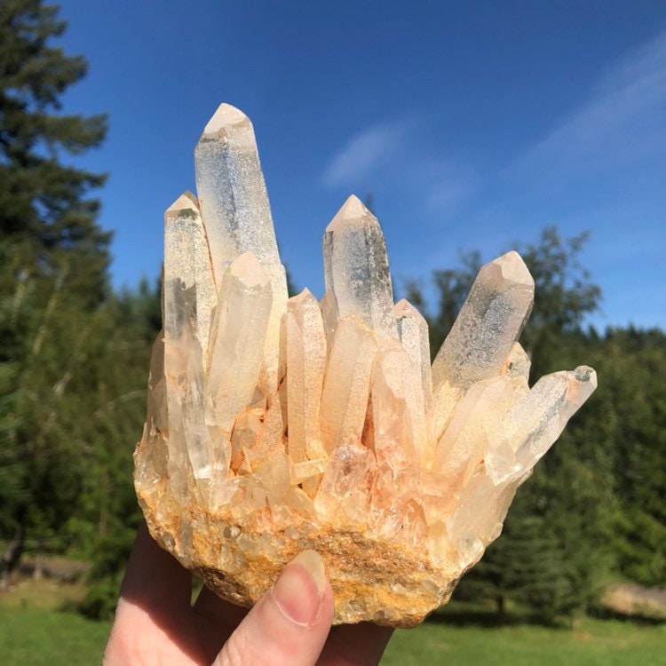 Large upright peach colored Quartz Crystal Cluster Mineral Specimen