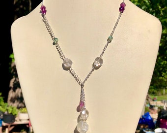 White Topaz Purple And Blue Fluorite Necklace With Sterling Silver Chain