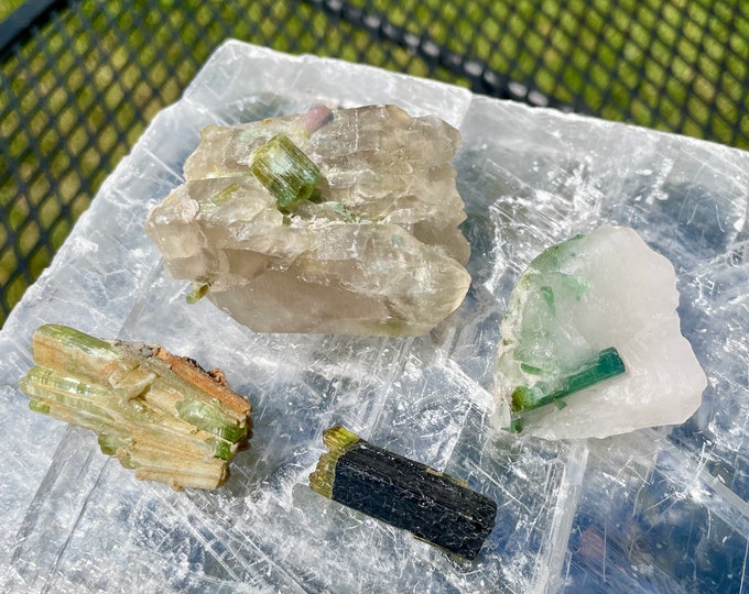 Green Tourmaline Mineral Display Specimens Set of 4