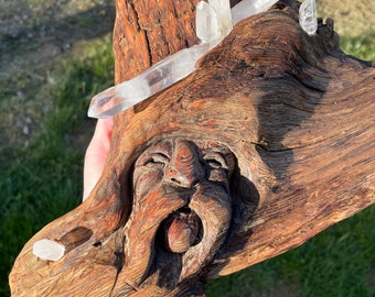 Large Hand Carved  Wood Wizard with Quartz Crystals