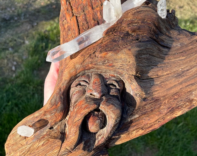 Large Hand Carved  Wood Wizard with Quartz Crystals