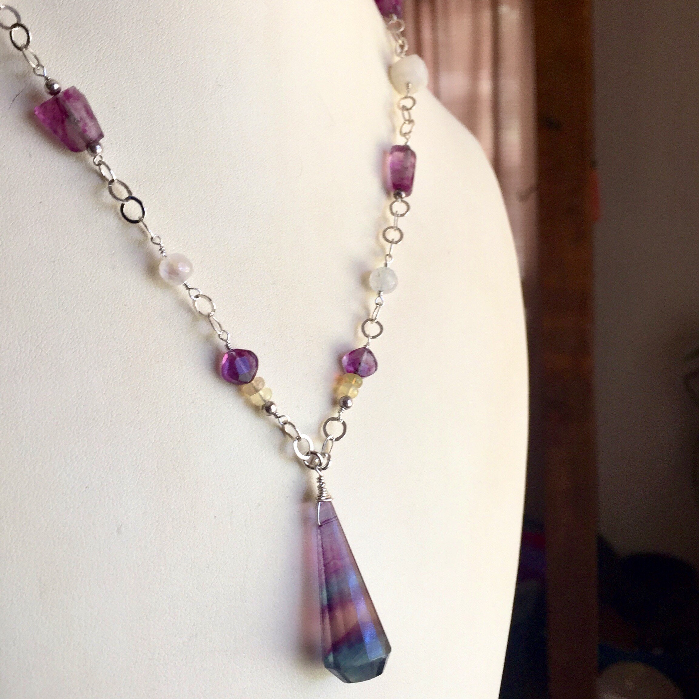 Fluorite, Moonstone and Opal crystal necklace with Sterling Silver
