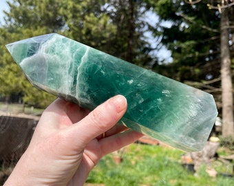 3.25 lbs Green And White Fluorite Obelisk Pillar Tower Point Wand Column Generator