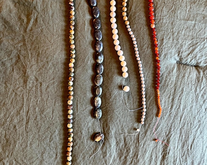 5 strands of gemstone beads Jasper Larvakite Feldspar Druzy Carnelian